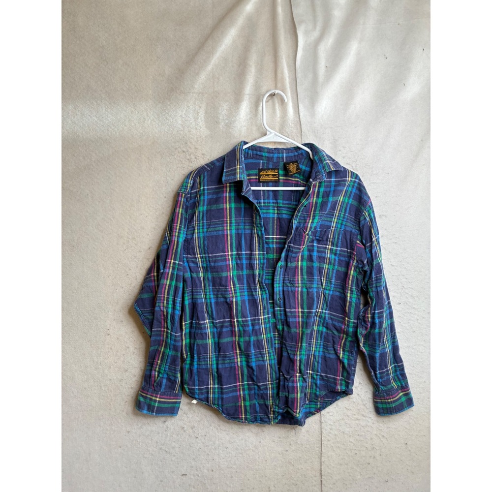 Eddie Bauer Vintage Plaid Flannel Shirt Navy Green Pink Made in USA Mens 16 L